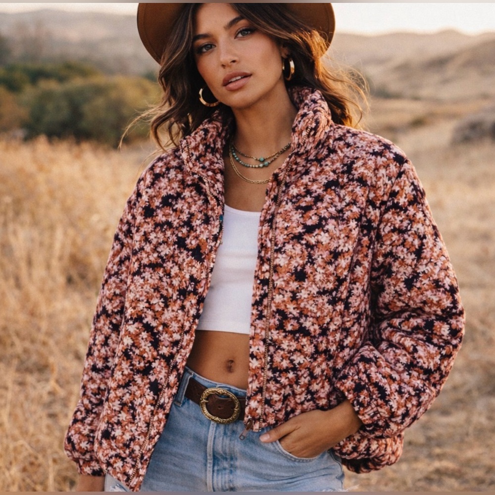 Social Standard Floral Quilted Boho Boxy‎ Button Front Chore Coat Small Spring